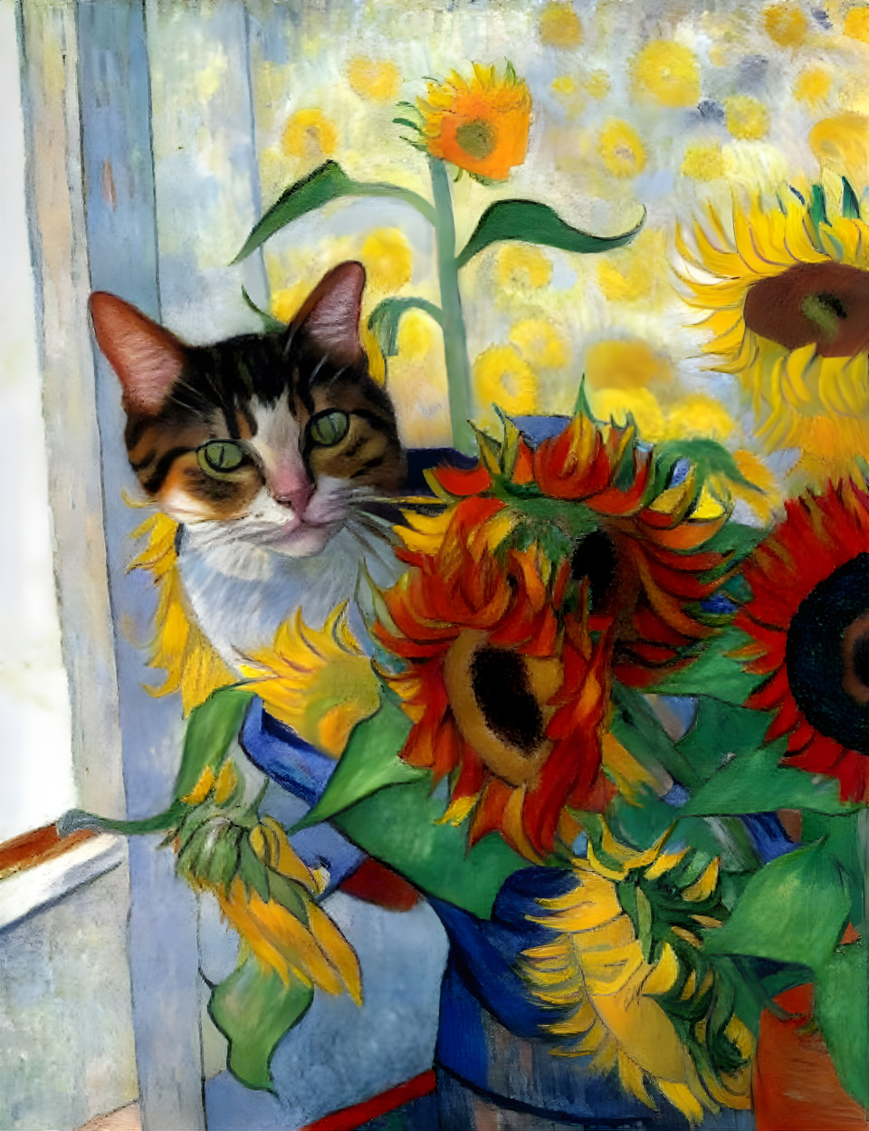 Kitten with Sunflowers