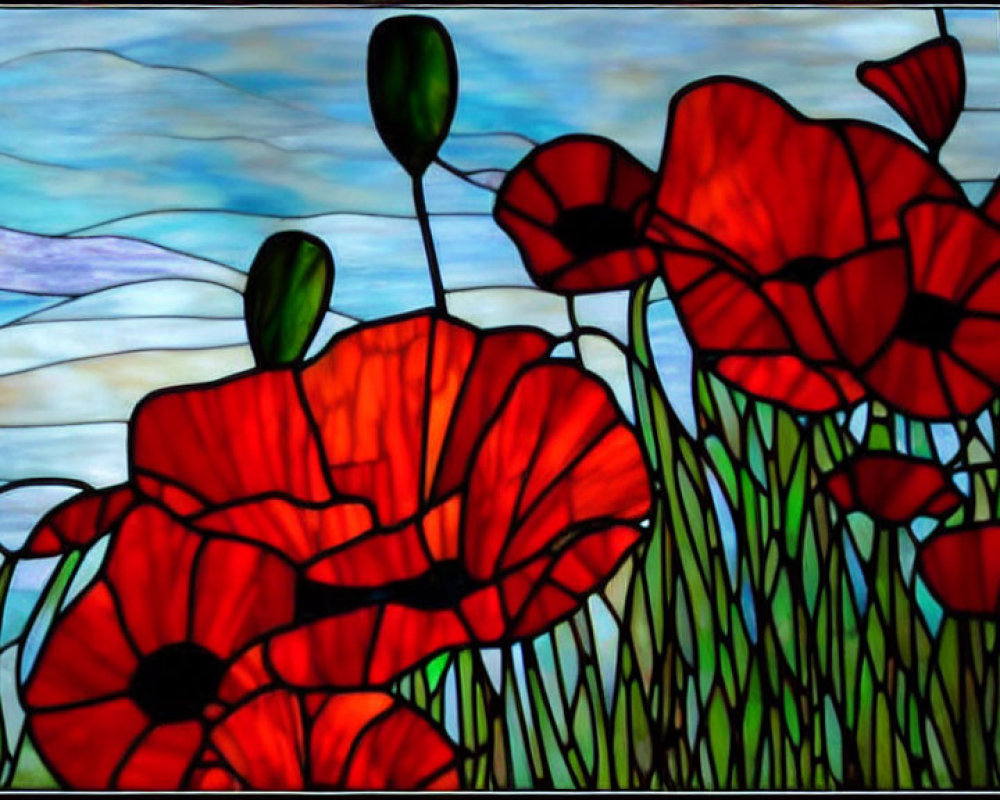 Vibrant red poppies in stained-glass artwork