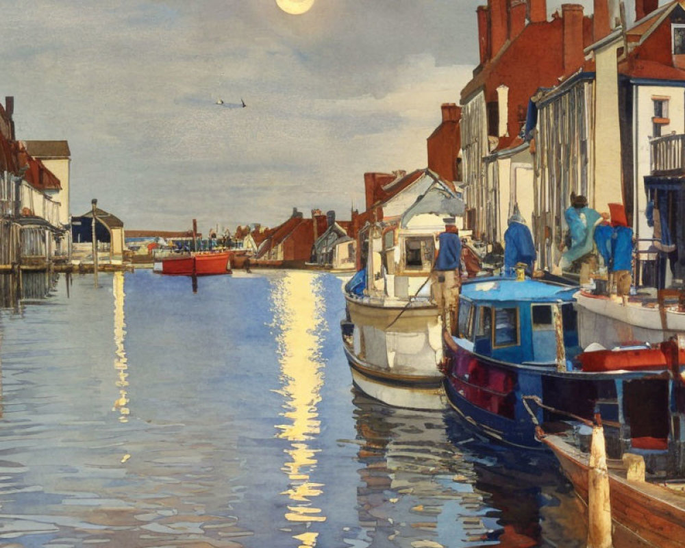 Canal scene with moored boats, buildings, full moon, and plane at twilight