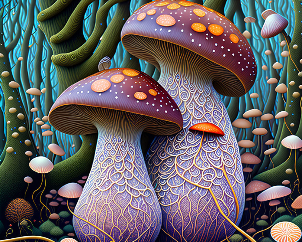 Colorful Mushrooms in Fantasy Forest Scene
