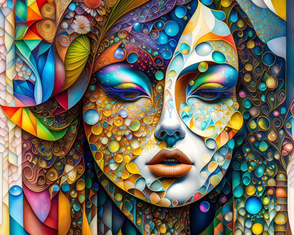 Vibrant surreal portrait of woman's face with abstract patterns and geometric shapes