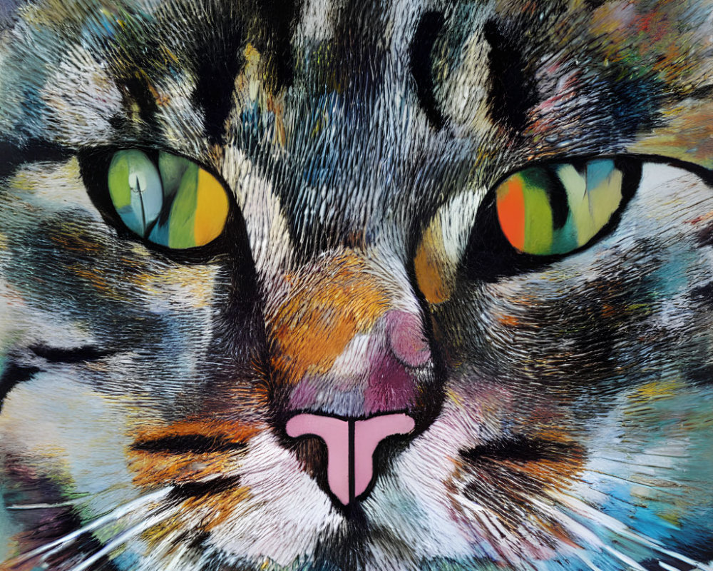 Colorful Close-Up Cat Face Painting with Green-Yellow Eyes