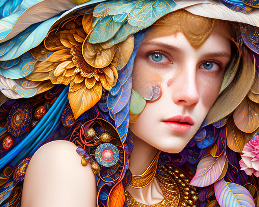 Colorful digital art: Woman with floral patterns & jewelry in blues, golds, pinks