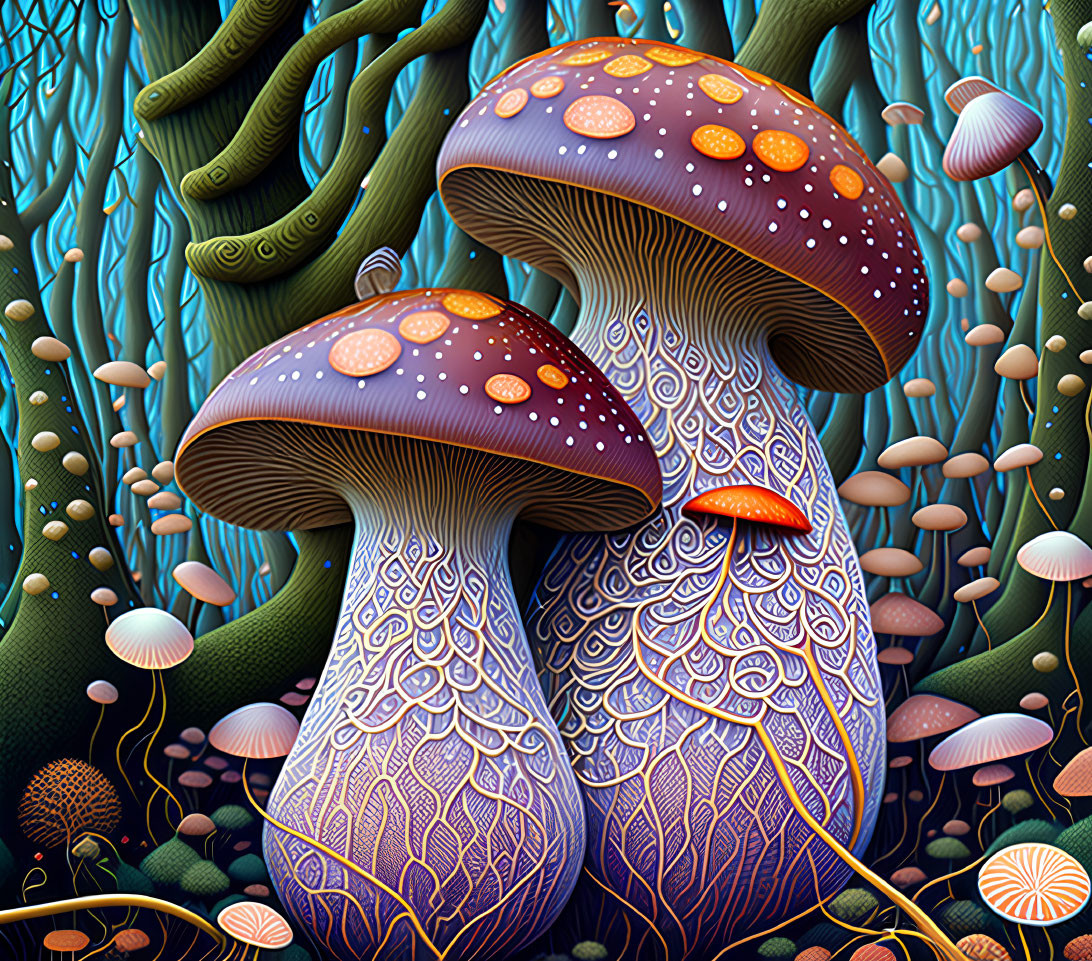 Colorful Mushrooms in Fantasy Forest Scene