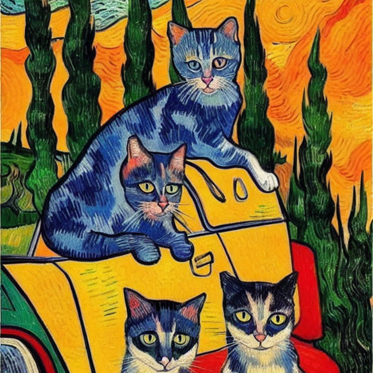 Stylized cats with human-like eyes on yellow car in Van Gogh-inspired landscape