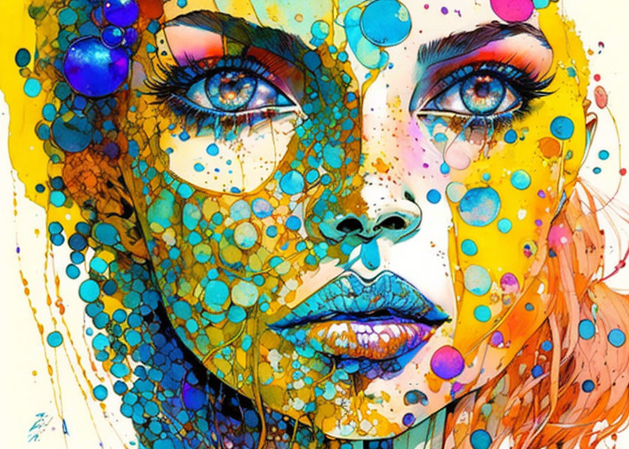 Vibrant artistic portrait of a woman with blue eyes and abstract patterns