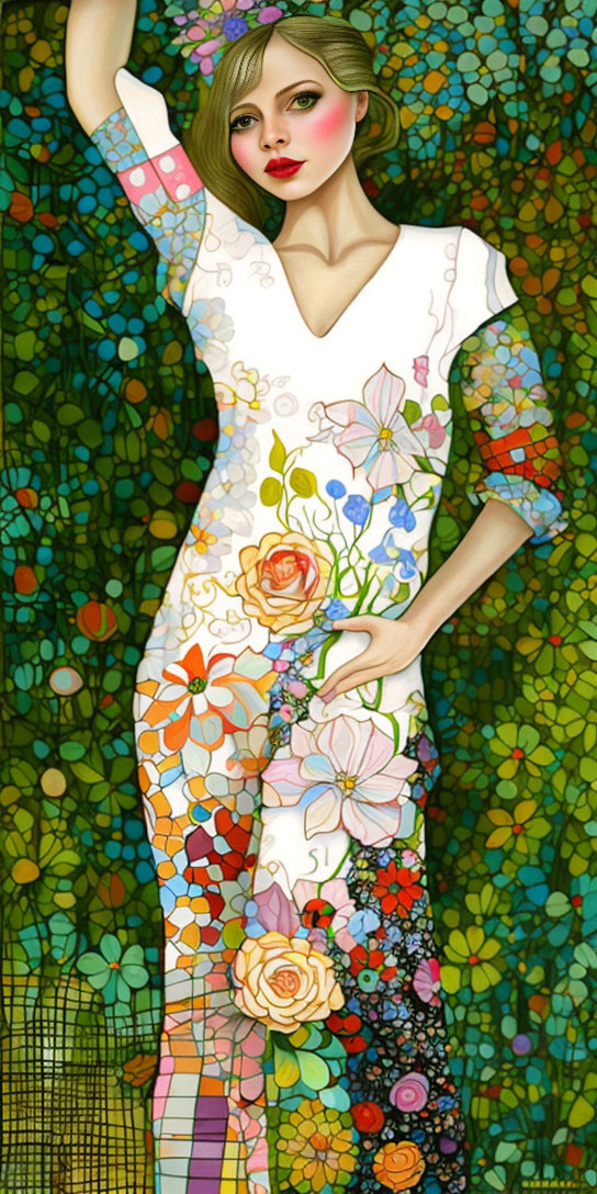 Woman in Colorful Floral Dress Against Mosaic-like Backdrop