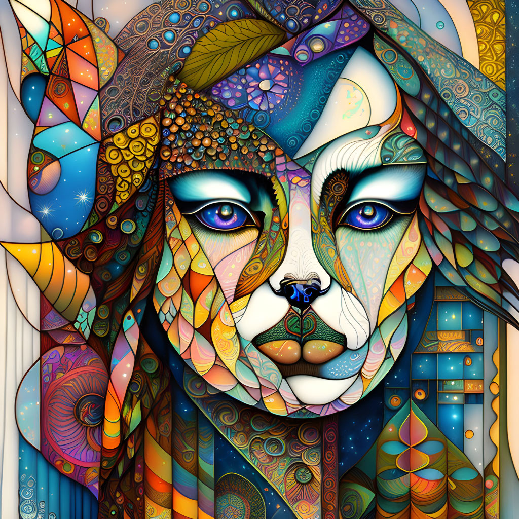 Colorful Lion Face Artwork with Geometric Patterns and Human-like Eyes