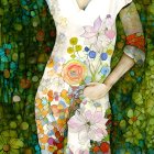Woman in Colorful Floral Dress Against Mosaic-like Backdrop