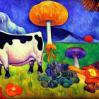 Vibrant cow and mushroom landscape painting with mountain backdrop