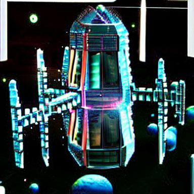 Futuristic neon-lit spacecraft with glowing orbs and beams of light
