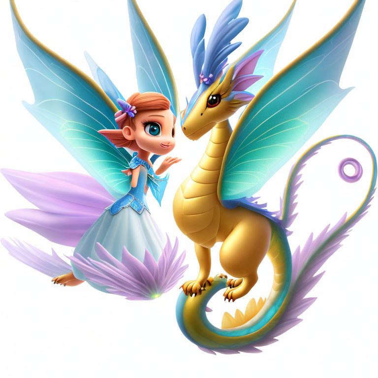 Stylized fairy and golden dragon with purple accents hovering above a purple flower