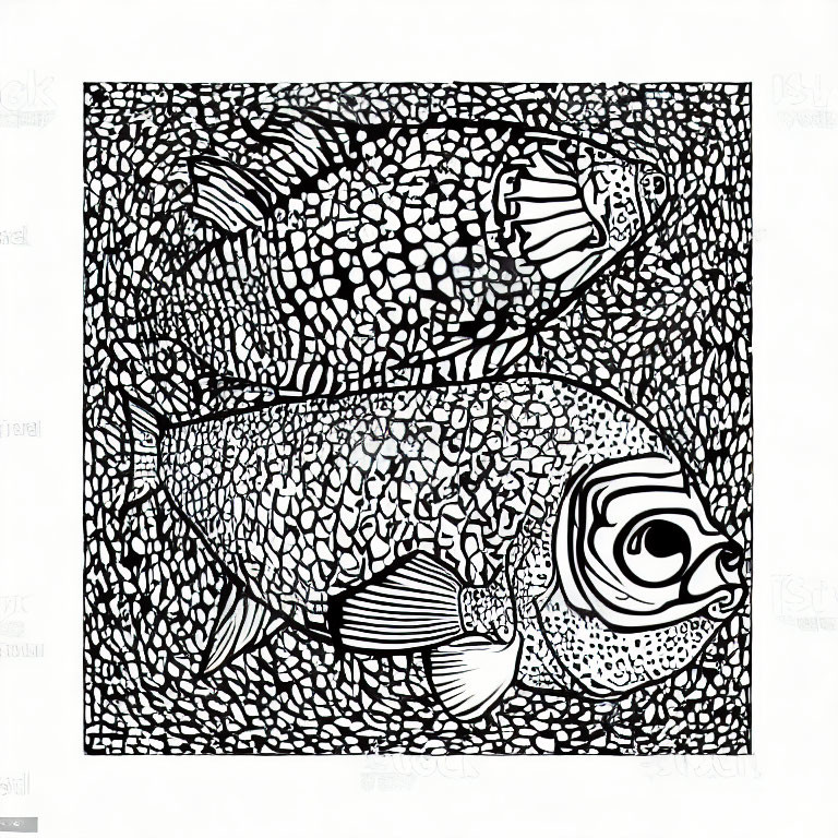 Detailed black and white fish illustration with intricate scales and eye, surrounded by smaller fish and textures.