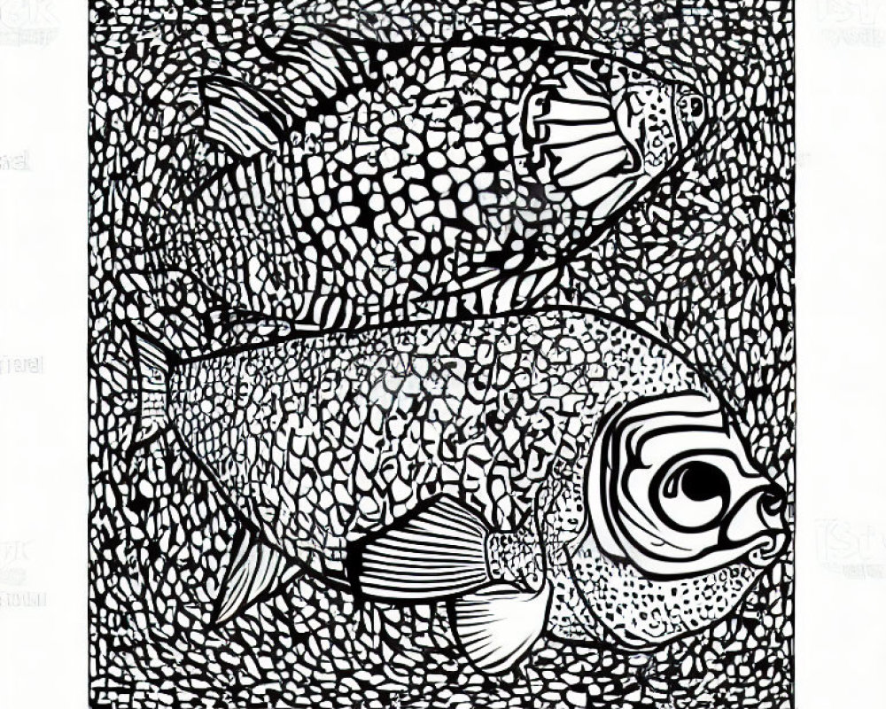 Detailed black and white fish illustration with intricate scales and eye, surrounded by smaller fish and textures.