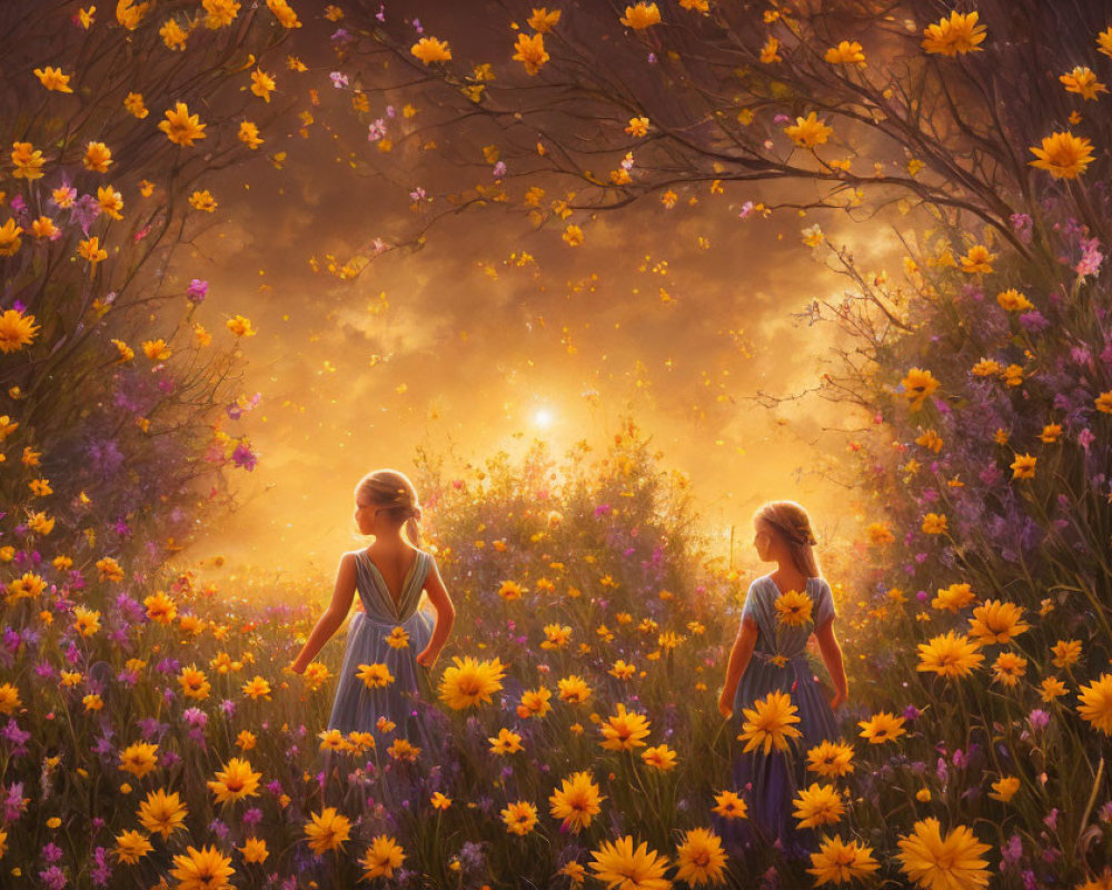 Two girls in white dresses in sunlit flower field with glowing butterflies
