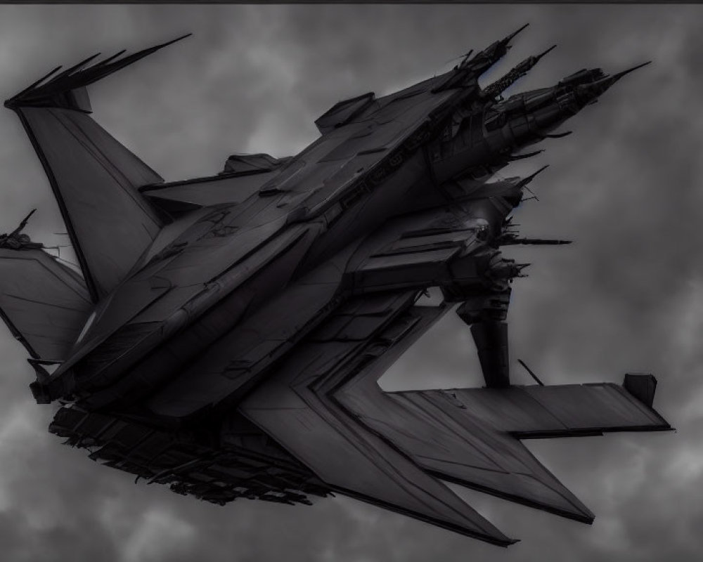 Futuristic dark jet with sharp angles flying under cloudy sky