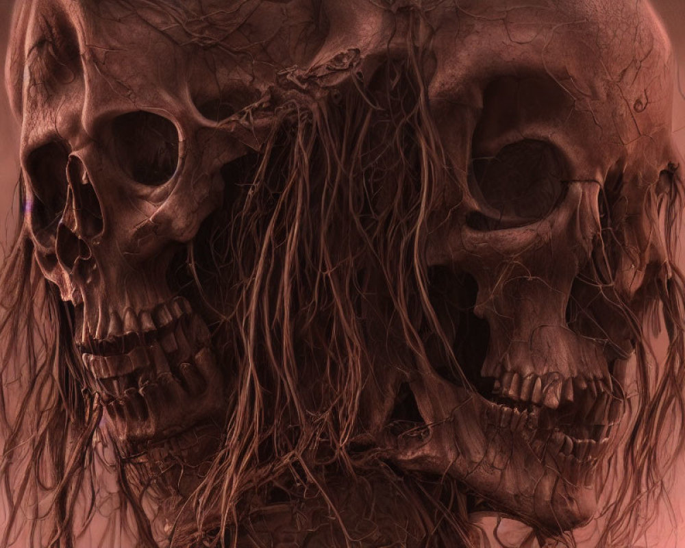 Dark-haired human skulls facing each other on dark background.