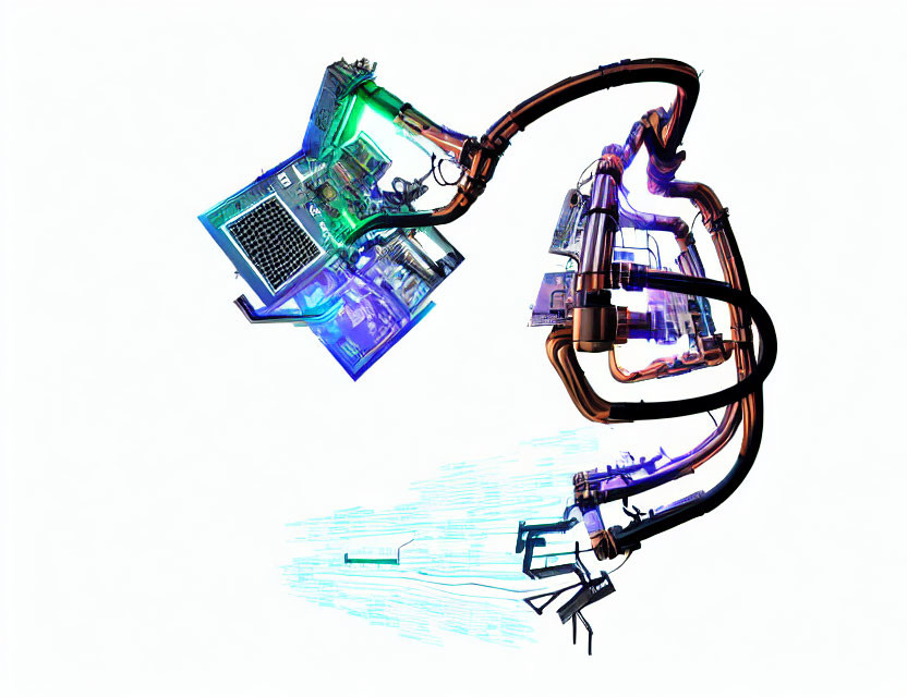 Digital illustration: Computer motherboard transforms into robotic arm with light beam.