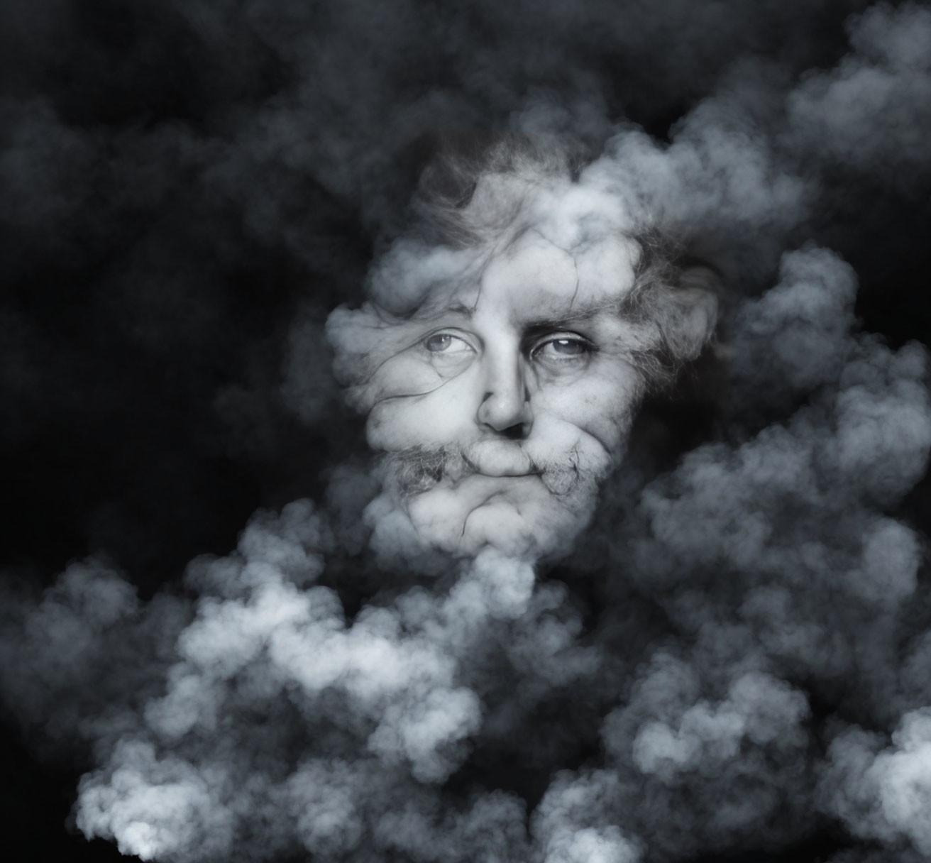 Monochrome image of face obscured by swirling smoke