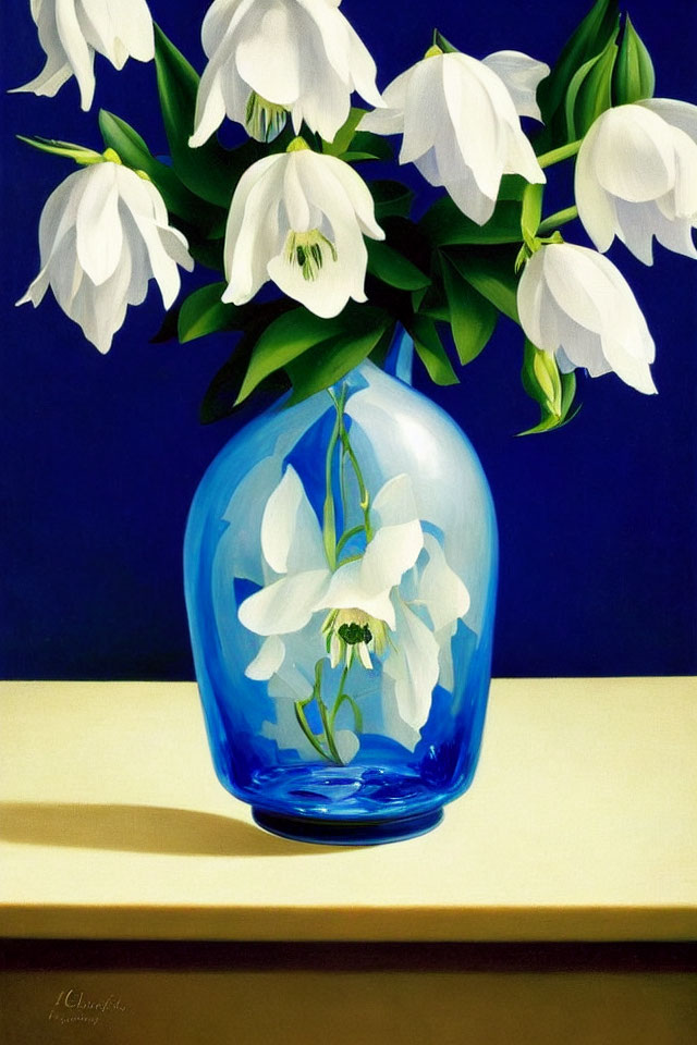 White Bell-Shaped Flowers in Blue Vase on Dark Blue Background