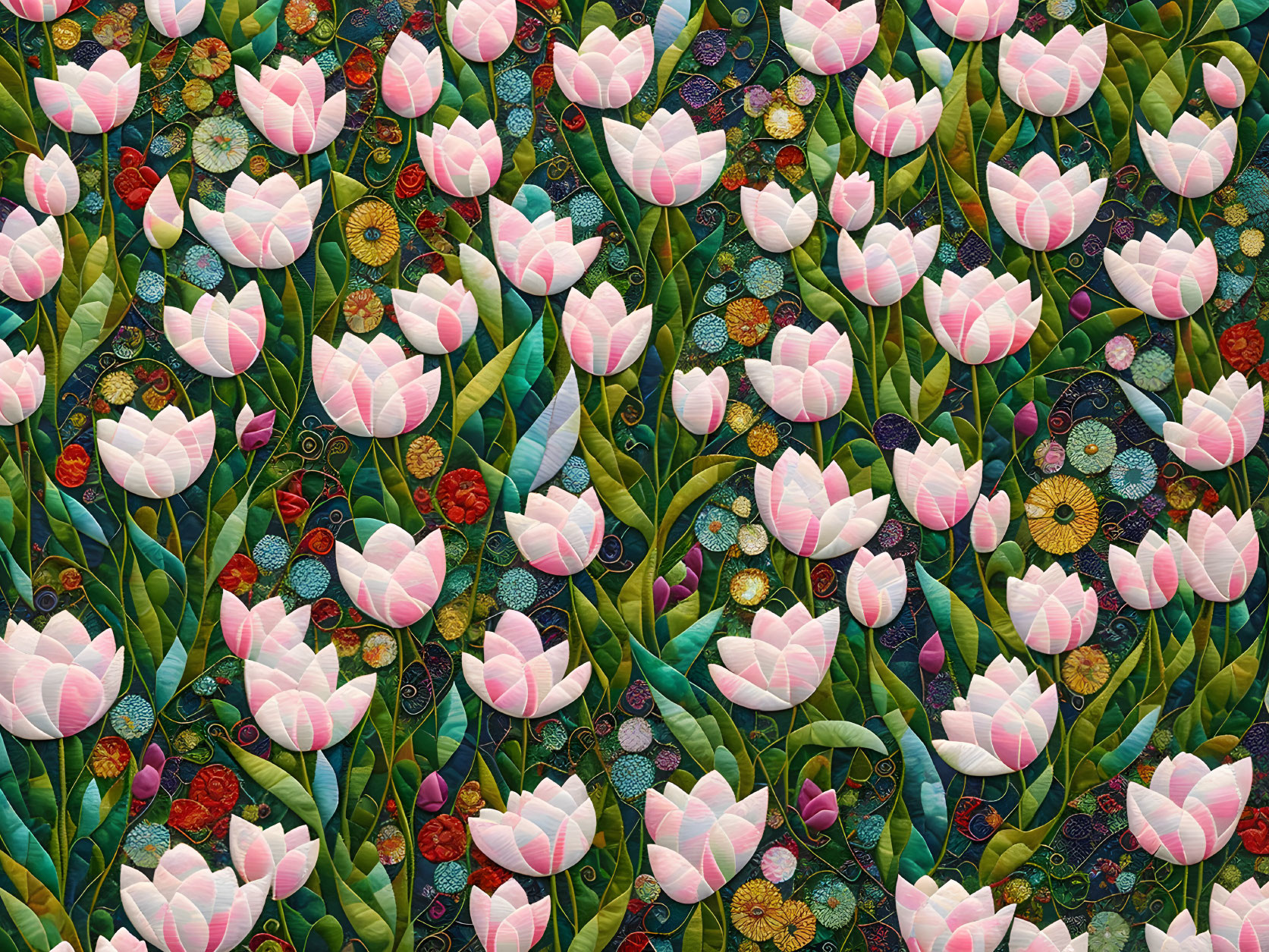 Detailed Pink and White Tulip Pattern with Circular Motifs