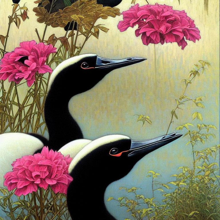 Black-Necked Swans with Red Beaks in Pink Flowers on Golden Background