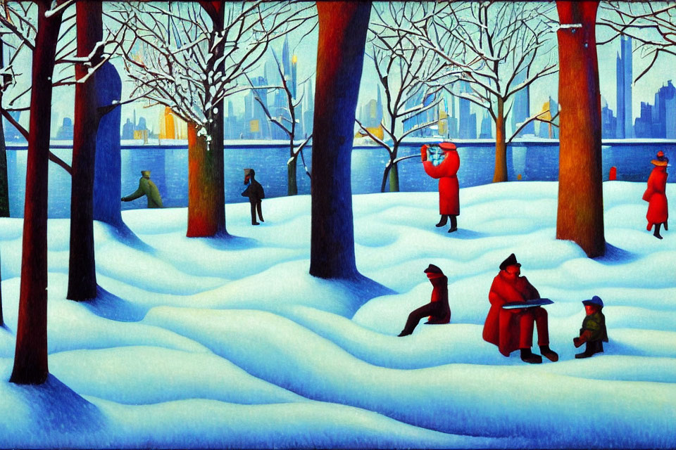 Vibrant painting of people in snowy park with red-coated figures, bare trees, and city