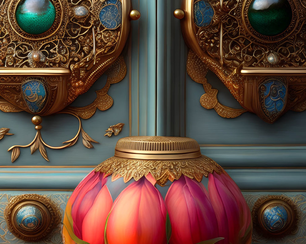 Golden door handles with green gemstones on ornate blue door with floral designs and flower ornament.