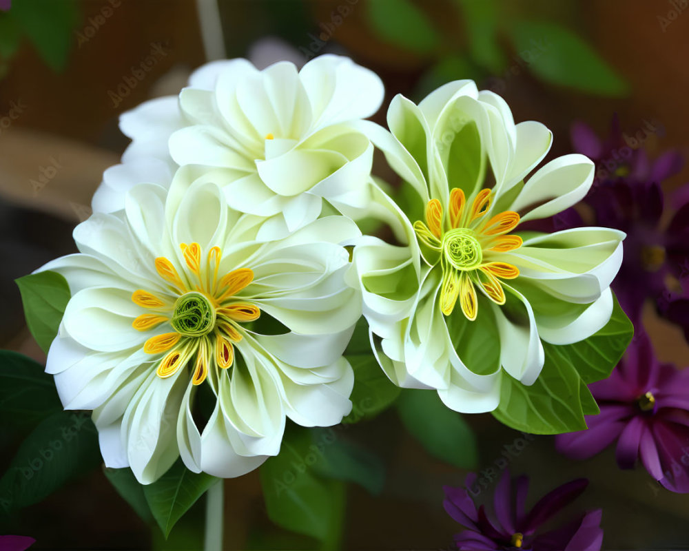 Vibrant white dahlias with yellow-green centers on soft-focus green and purple backdrop