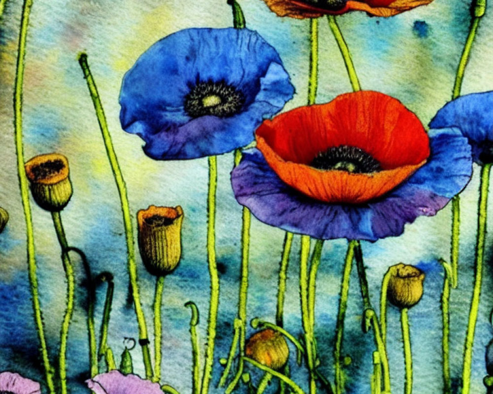 Colorful Watercolor Painting of Poppy Flowers in Blue, Red, Purple, and Green