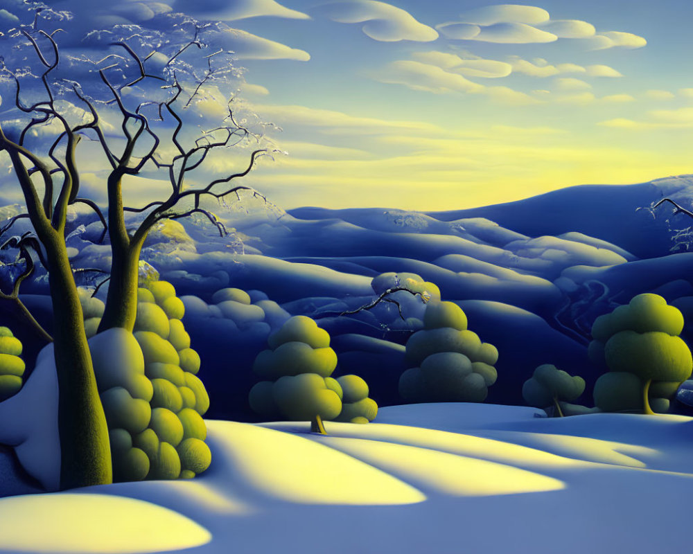 Winter landscape with snow-covered trees and rolling hills in serene blue hue