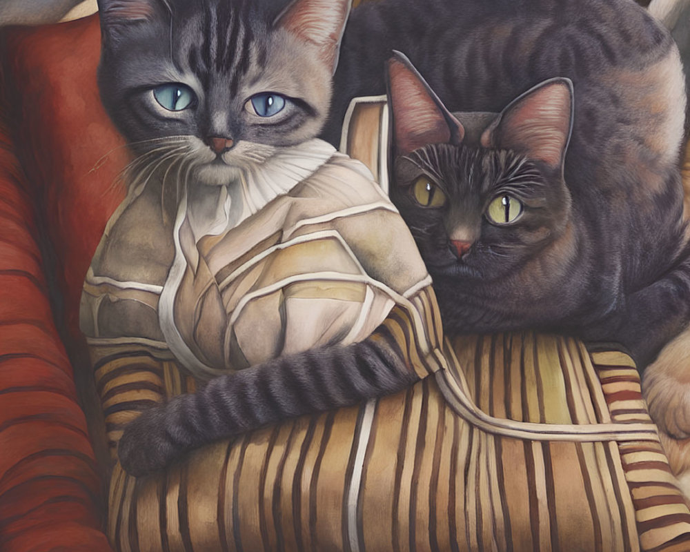 Two Cats Resting on Patterned Cushion with Colorful Pillows