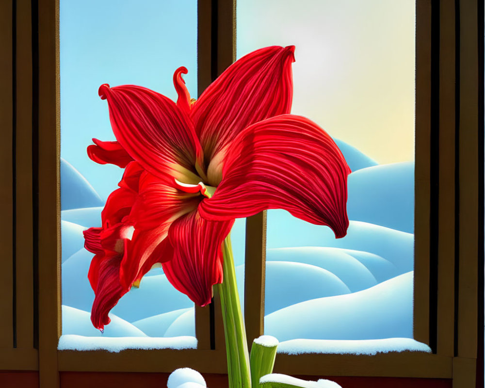 Red Flower Blooms by Window with Snow-Covered Hills & Gradient Sky