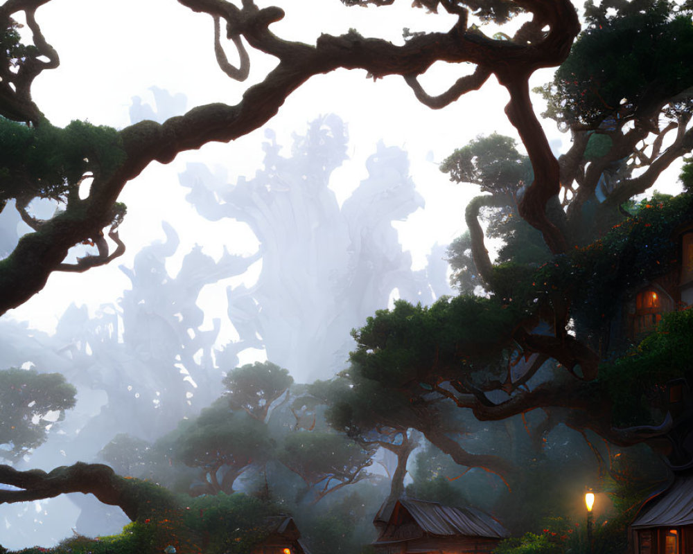Mystical forest scene with towering trees, fog, cottages, and stone bridge