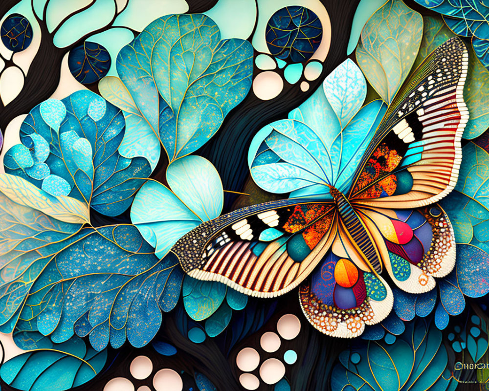Colorful Butterfly Illustration with Patterned Wings and Blue Foliage