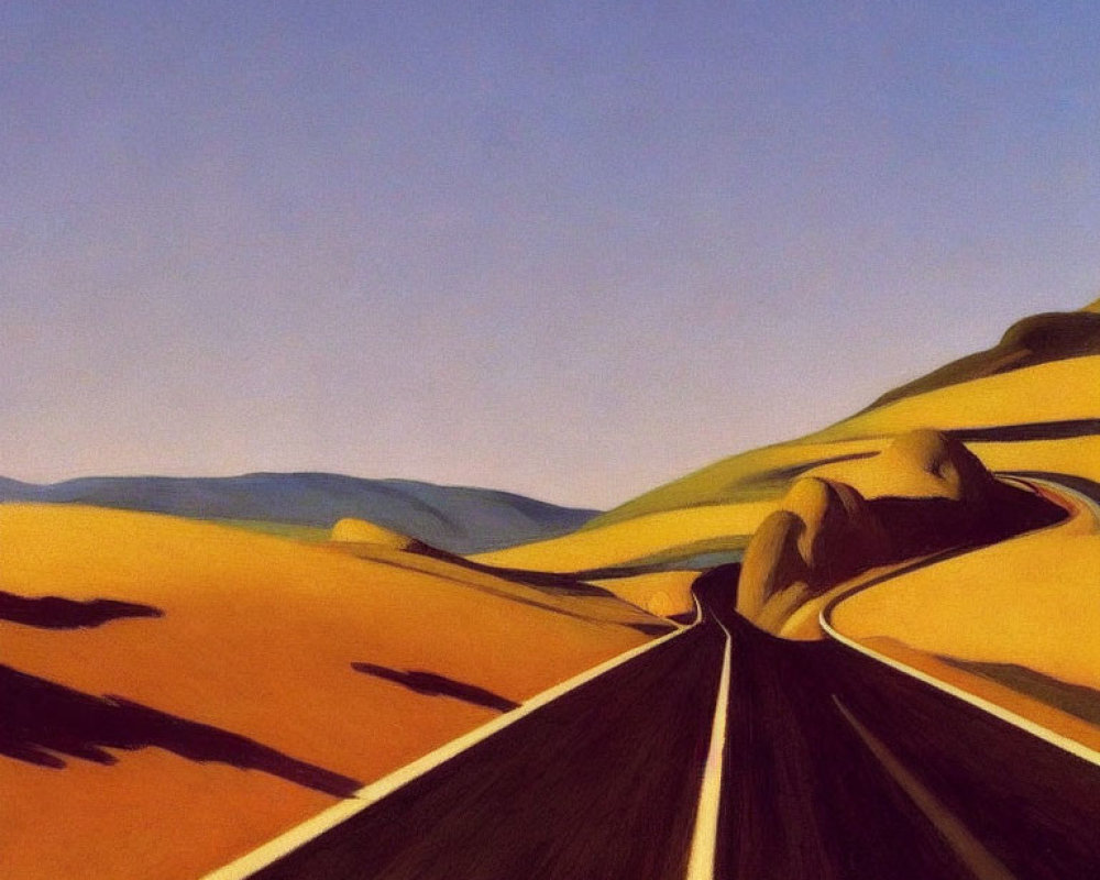 Stylized painting of road through rolling hills in warm desert tones