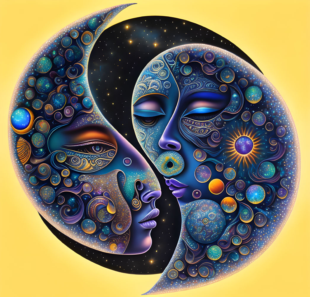 Stylized Yin-Yang Symbol with Cosmic Elements on Yellow Background