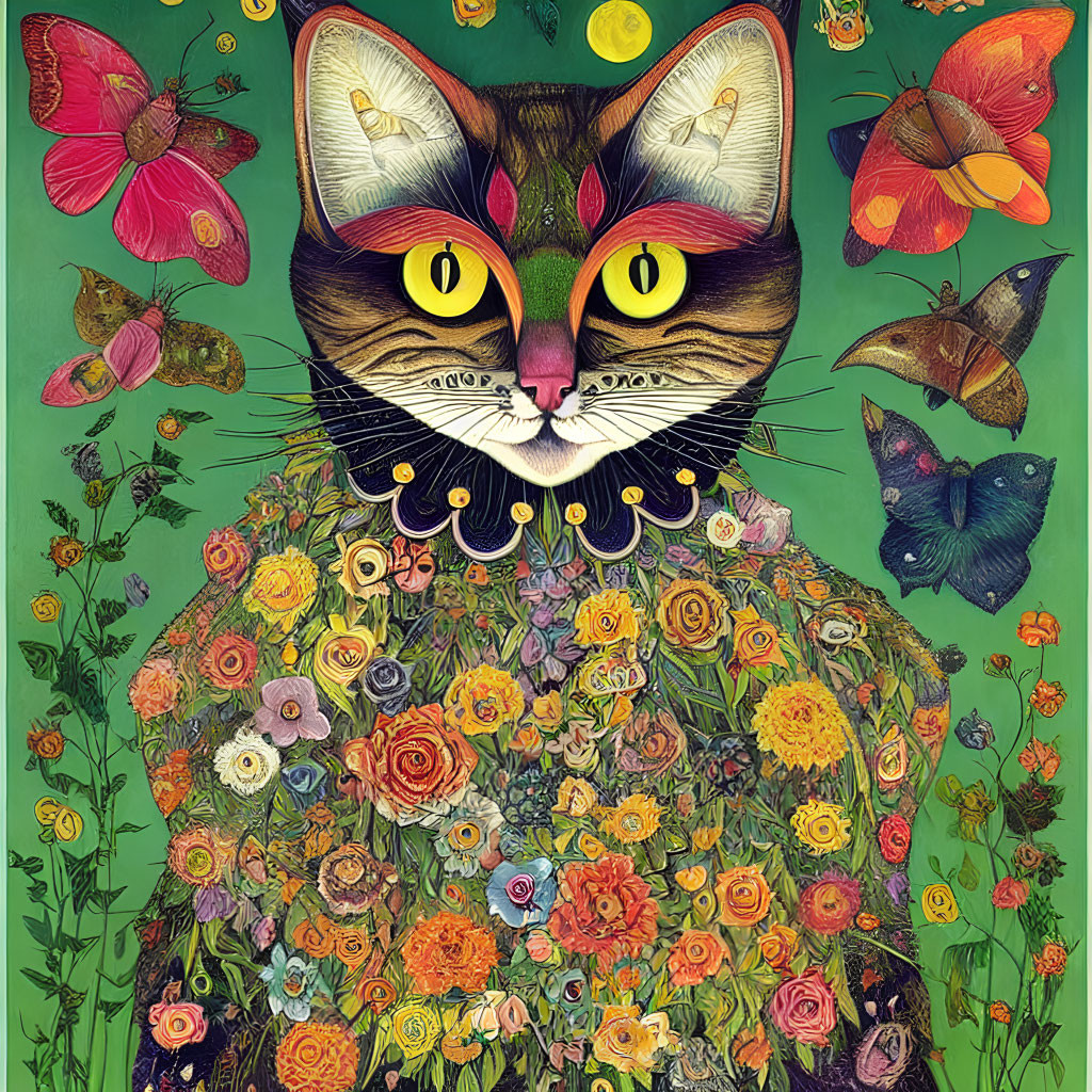 Colorful Cat Illustration with Floral Body and Butterflies on Green Background