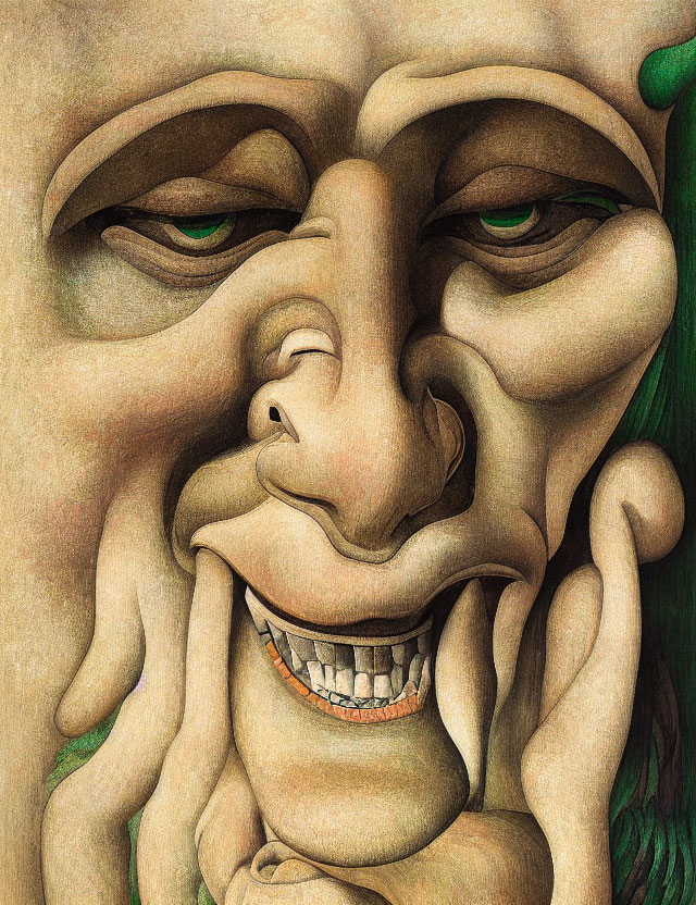 Exaggerated, stylized face with wide grin and green eyes