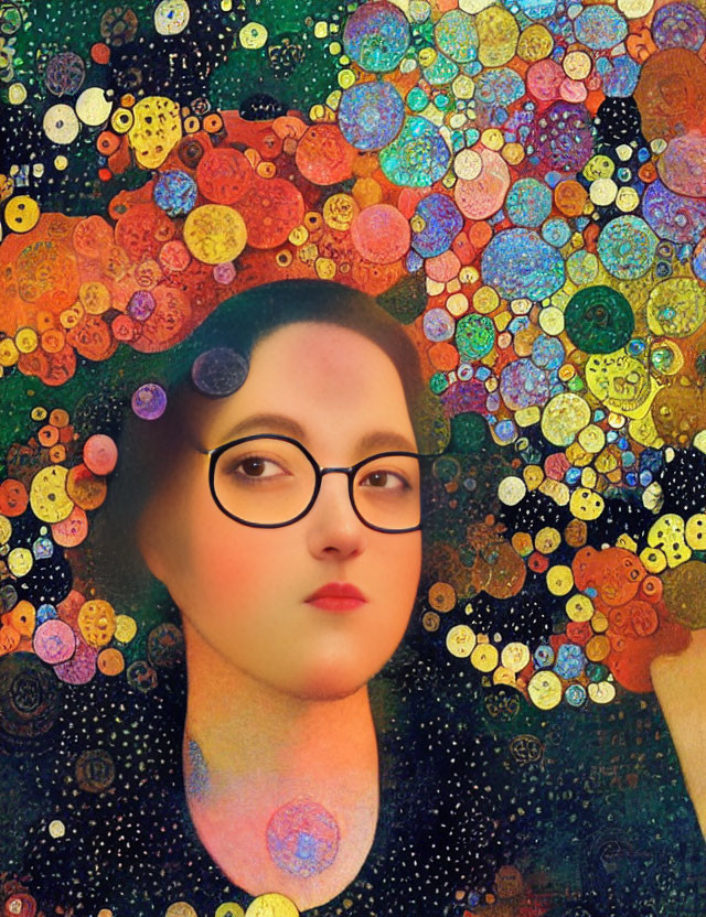 Abstract Woman with Glasses Surrounded by Colorful Circles