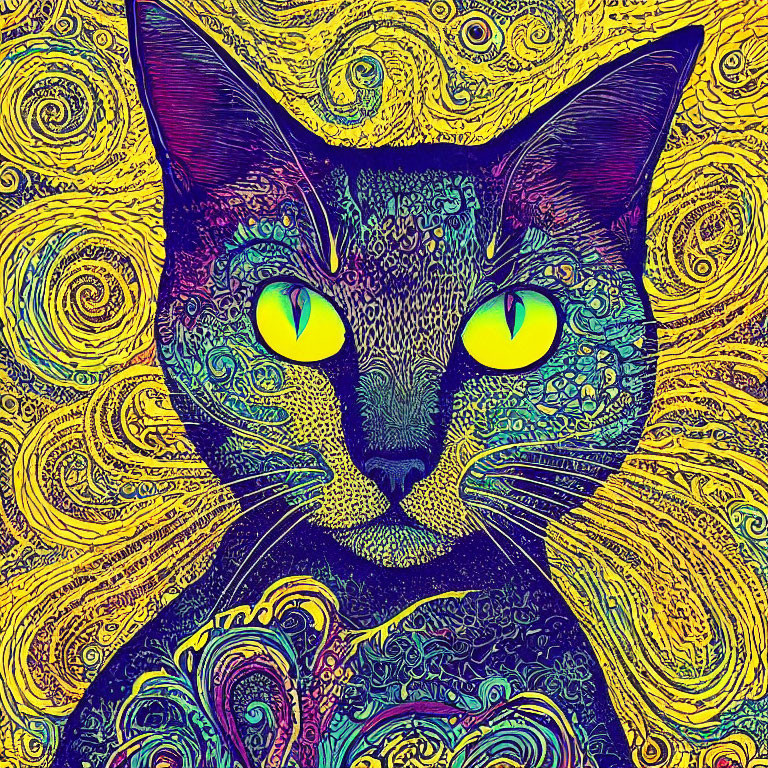 Colorful Psychedelic Cat Art with Swirling Patterns and Yellow Eyes
