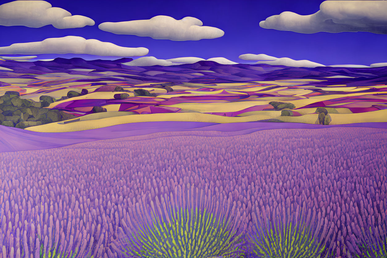 Vibrant landscape with rolling hills and lavender field