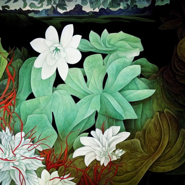Detailed white flowers with green leaves and red vines on dark background