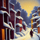 Person walking on snowy, lamp-lit street at twilight
