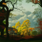 Golden-hued trees and rustic homestead in autumn landscape.