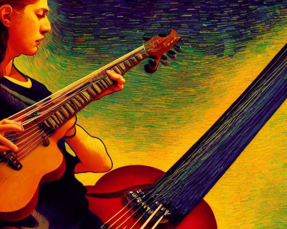 Illustration of person playing guitar with vibrant swirl-patterned background