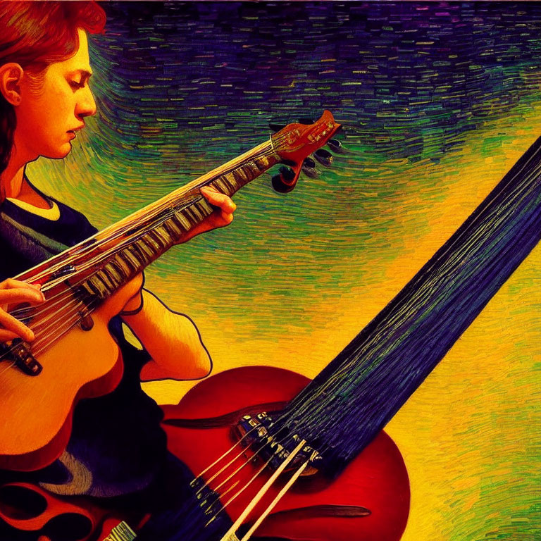 Illustration of person playing guitar with vibrant swirl-patterned background