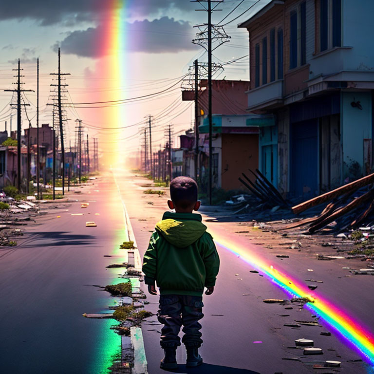 Child in Green Jacket Stands on Desolate Street with Rainbow and Dramatic Sky