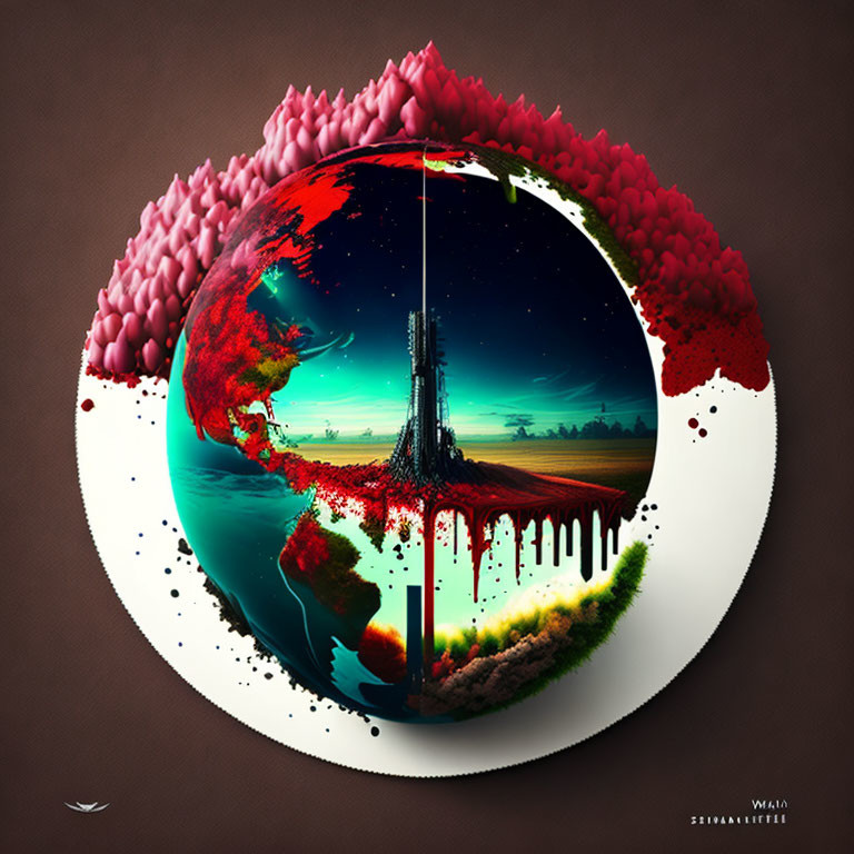 Spherical world artwork with bleeding tree symbolizing environmental themes