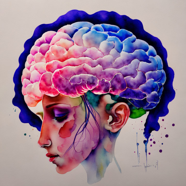 Profile portrait of a woman with brain as colorful, blooming flowers